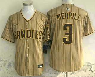 Men%27s San Diego Padres #3 Jackson Merrill Khaki Pinstripe Limited Stitched Jersey->san diego padres->MLB Jersey